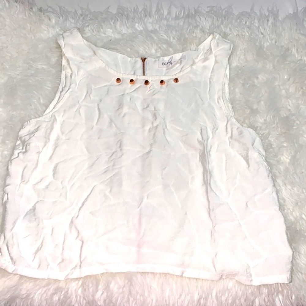 BCBG White Crop top with rose gold studs accent